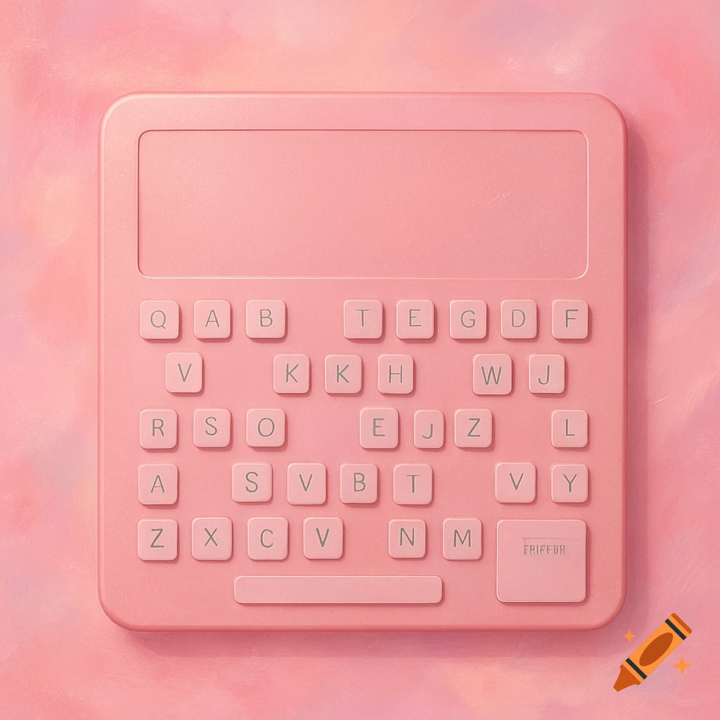 A pink, minimalist keyboard or graphic tablet with a light gray, non-standard letter layout on a textured pink background.