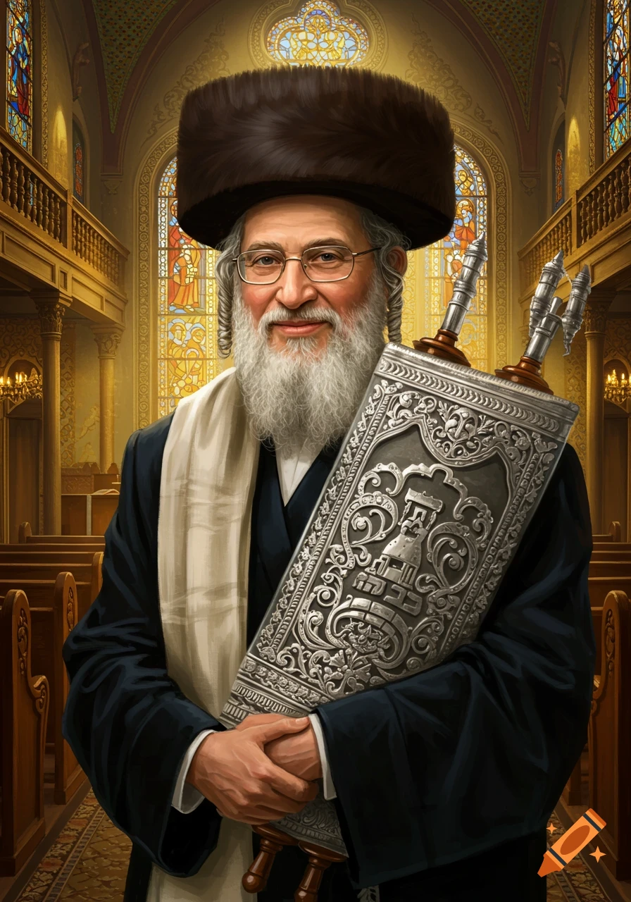 A smiling rabbi in a fur hat and black coat holds an ornate silver Torah scroll inside a synagogue with stained glass windows.