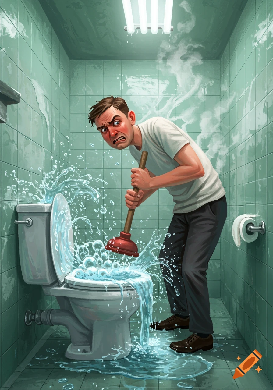 A distressed man plunges an overflowing toilet in a tiled bathroom, water splashing everywhere. Illustration.