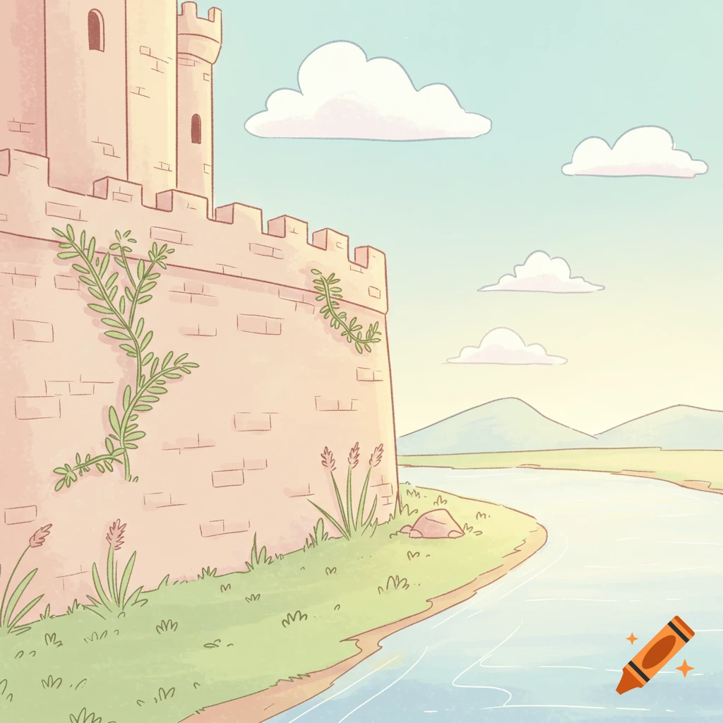 A simple pastel cartoon of a castle wall overgrown with plants, beside a river with distant mountains under a blue sky.