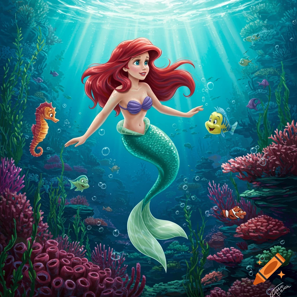 Ariel the mermaid with red hair and a green tail swims under the sea with Flounder, a seahorse, and other marine life in a vibrant cartoon illustration.