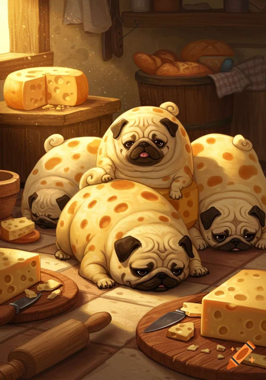 A whimsical illustration of several fat pugs with cheese-like spots, resting on a rustic kitchen floor surrounded by cheese wheels and bread.