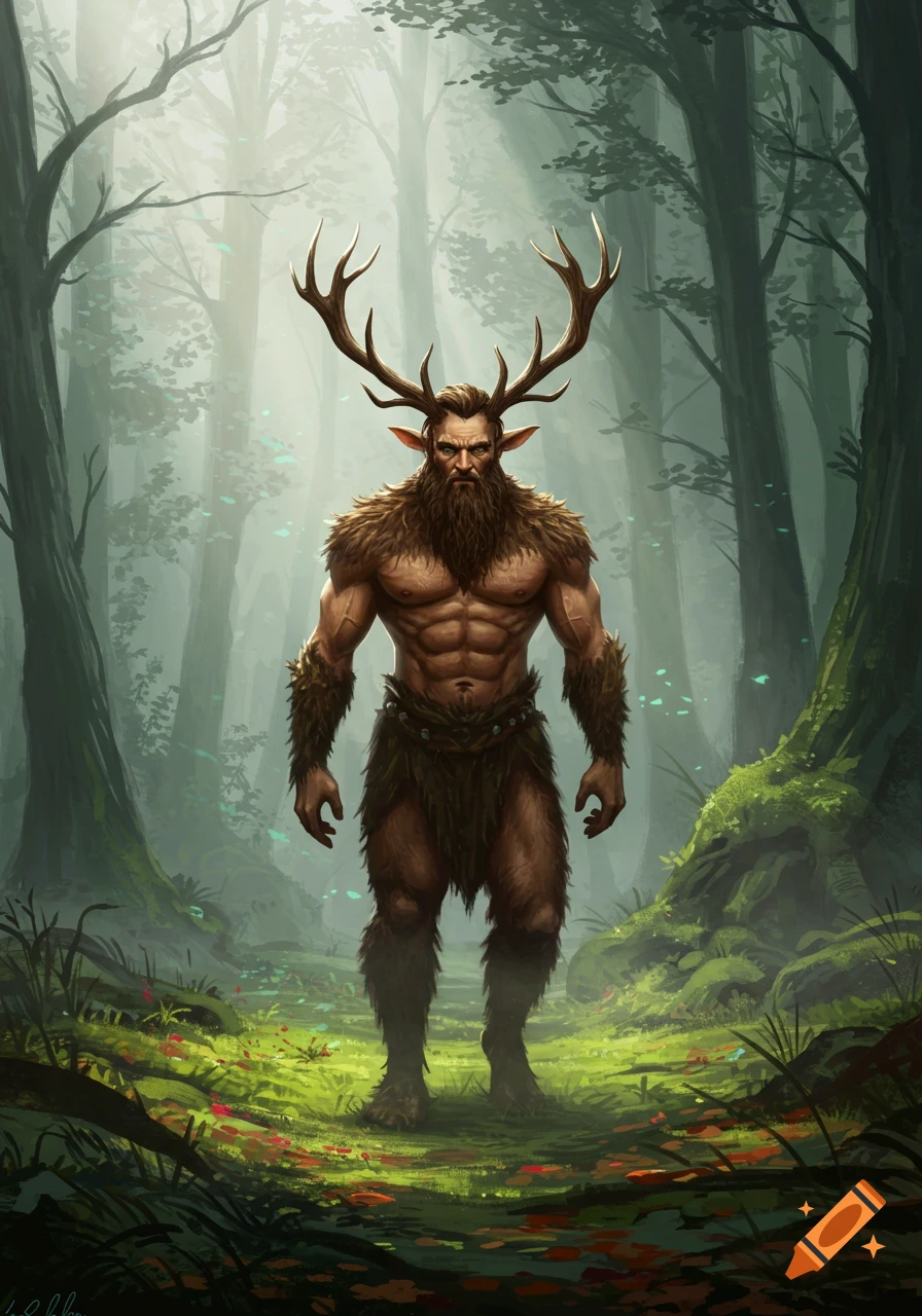 Muscular, antlered, bearded forest god with fur stands in a misty, ancient forest, digital painting.