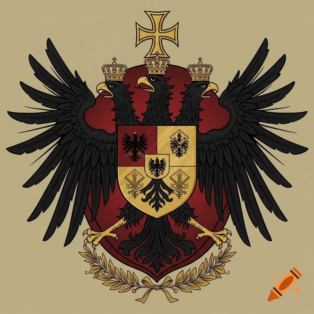 Heraldic illustration of a three-headed black eagle with crowns and an imperial cross, holding a shield, framed by a laurel wreath.