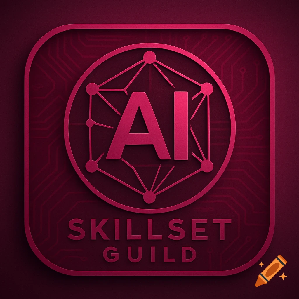 A magenta icon featuring the letters "AI" within a geometric design inside a circle, with "SKILLSET GUILD" below it, all on a darker magenta background with circuit board patterns.