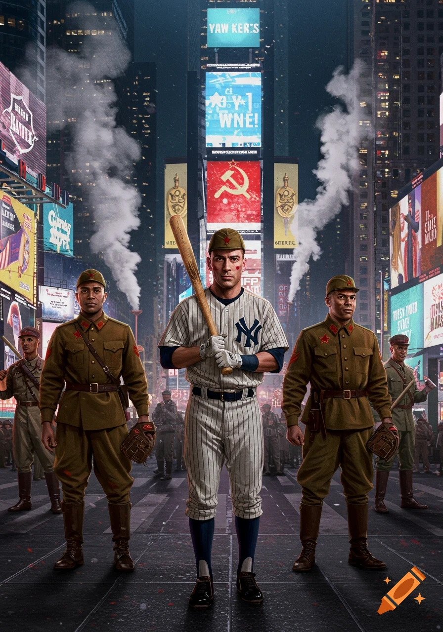 A New York Yankees baseball player in pinstripes with a bat, flanked by two soldiers in communist-style uniforms, stands in a stylized city street resembling Times Square with billboards displaying distorted text and a prominent hammer and sickle symbol.