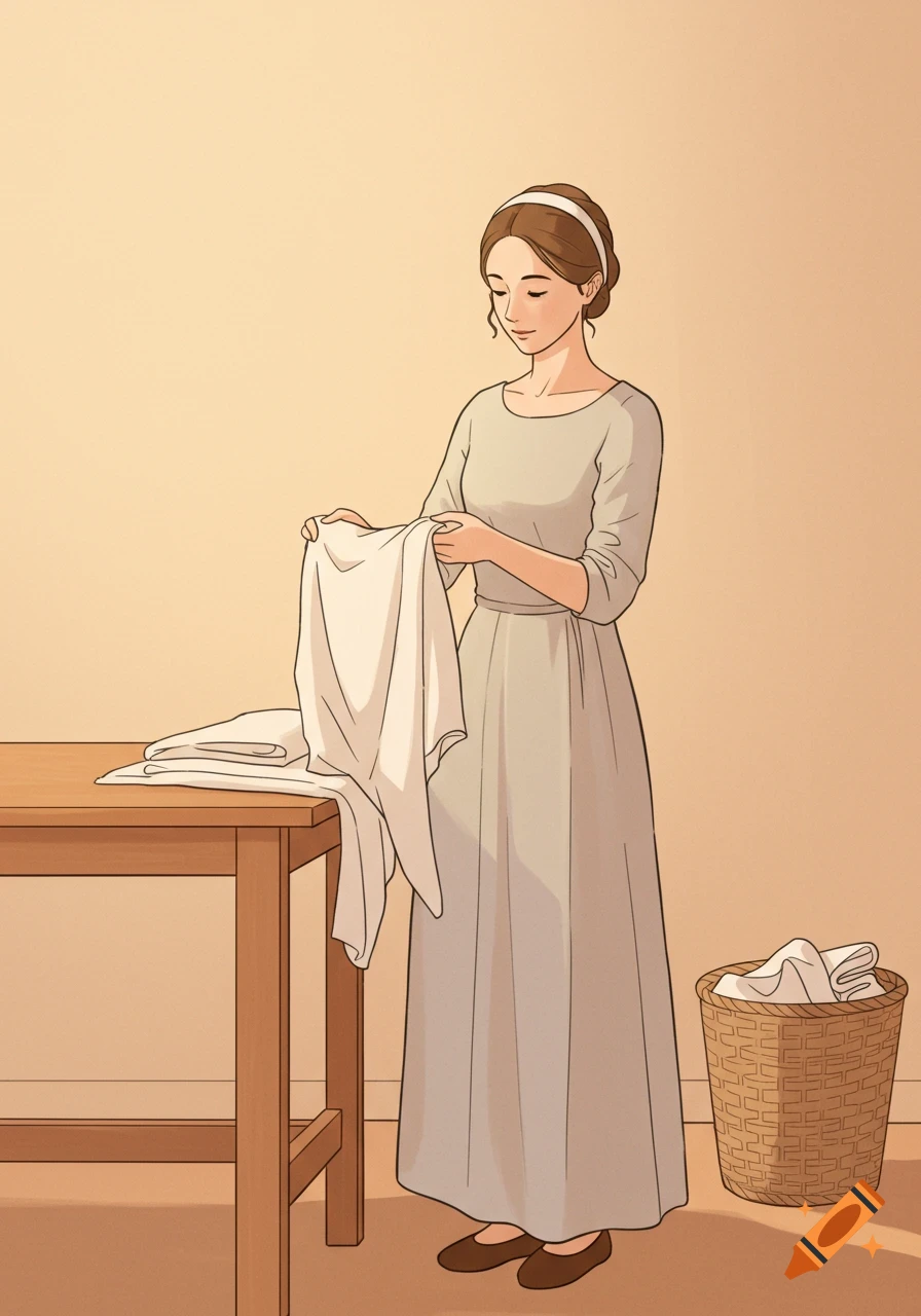 A woman in a simple dress folds white clothes at a wooden table next to a laundry basket, in a simple illustration style.