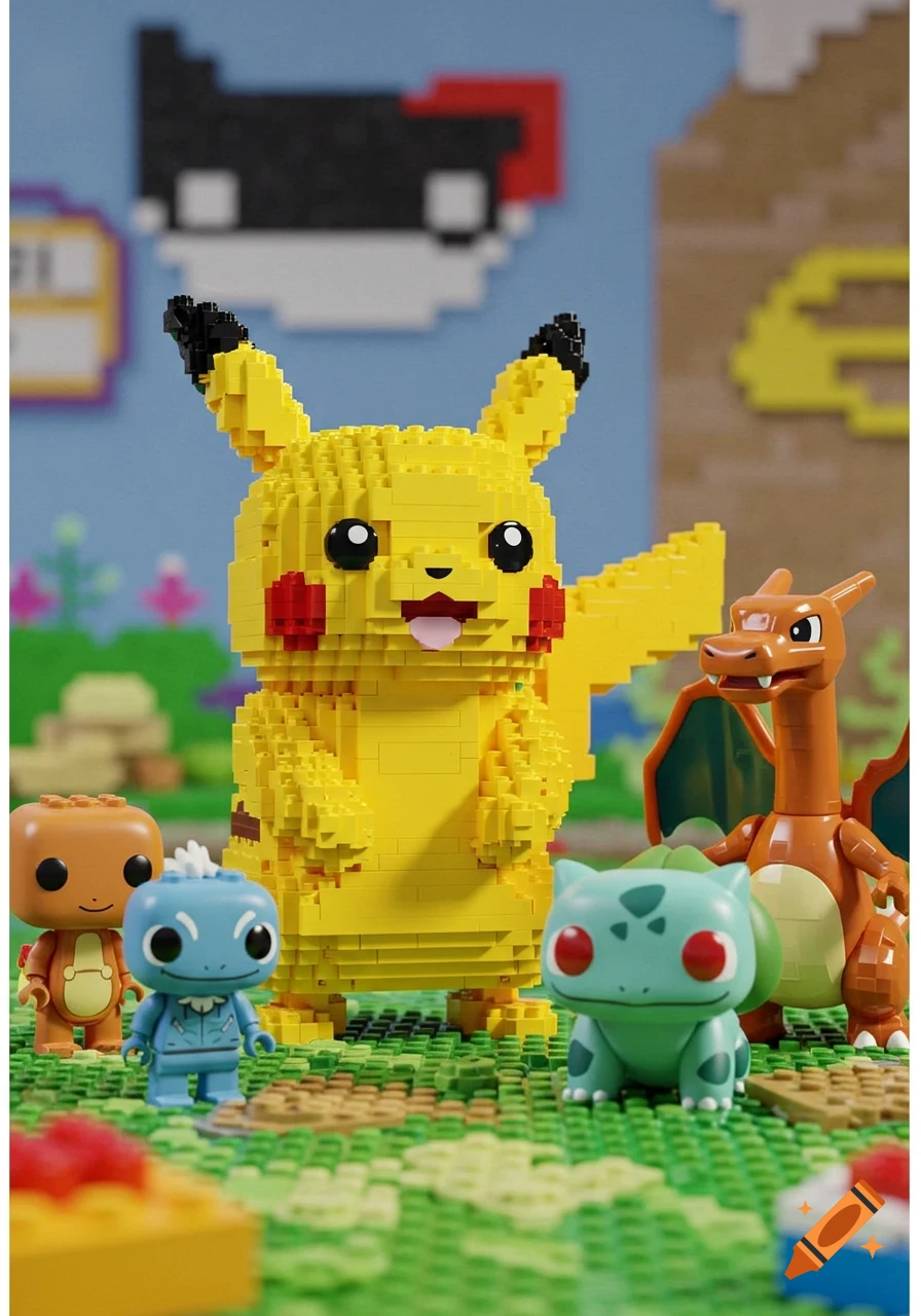 A large Lego Pikachu stands among Funko Pop figures of Charmander, Squirtle, and Bulbasaur on a Lego baseplate, with pixel art in the background.