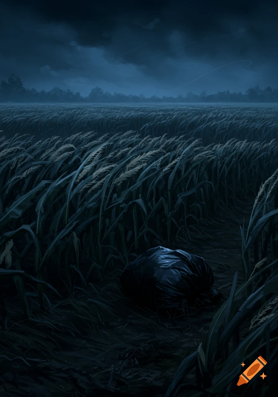 A dark cornfield at night with wind blowing through tall stalks, a black plastic bag lies on a path in the foreground.