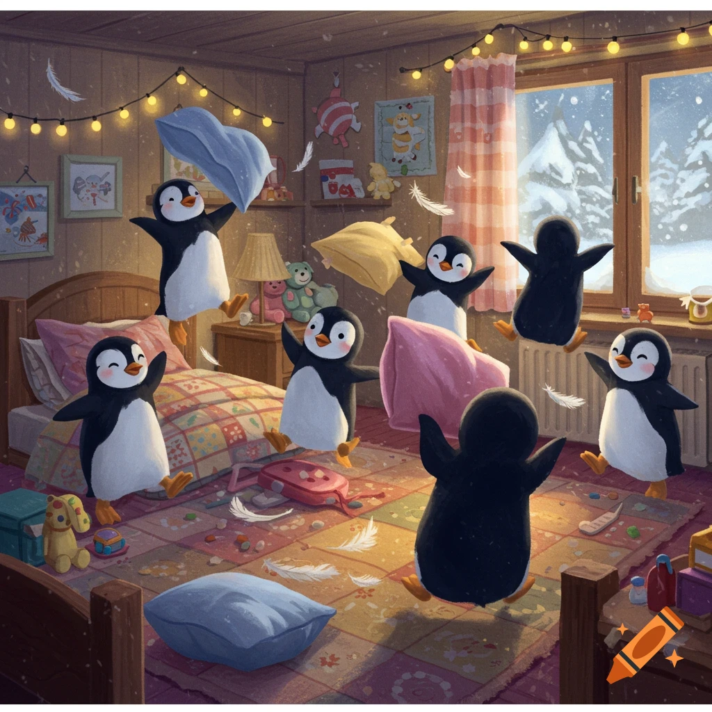 Cartoon penguins have a lively pillow fight in a cozy, decorated bedroom during winter.