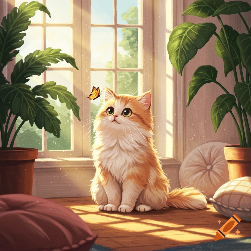 A fluffy orange and white cat sits by a sunny window, looking up at a butterfly, surrounded by green plants and pillows.