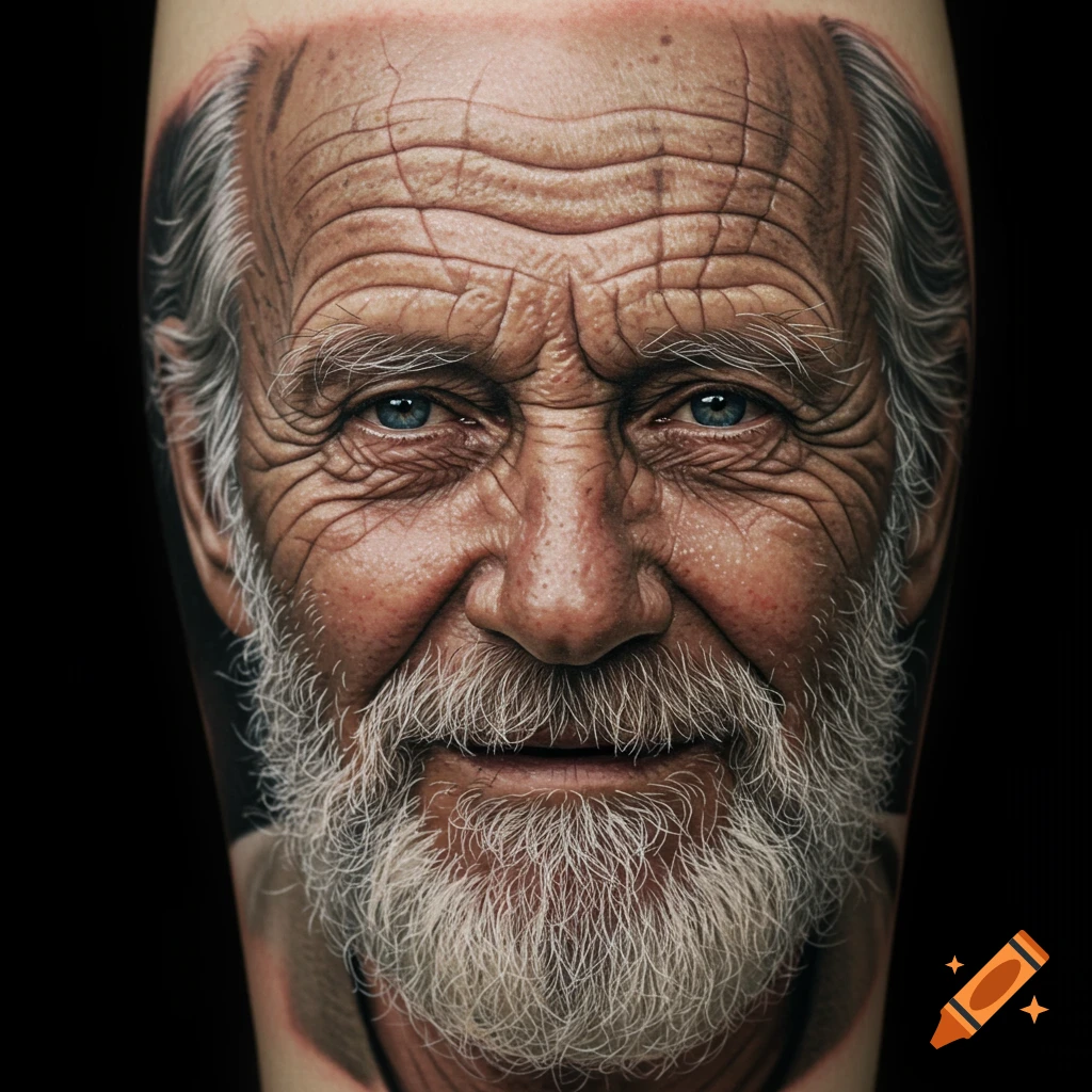 Extremely detailed, photorealistic tattoo of an old man's face with a white beard, deep wrinkles, and blue eyes.