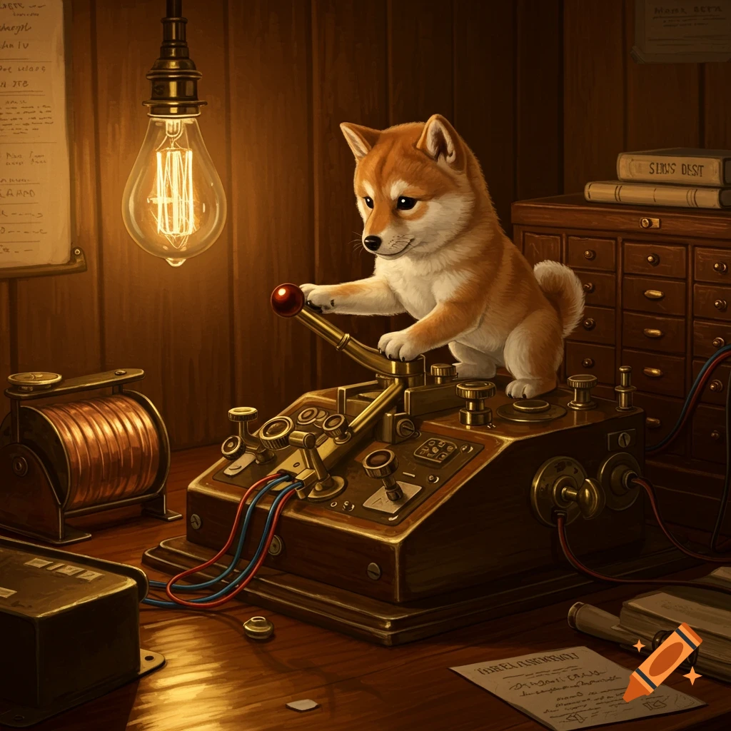 A small shiba inu dog operates a vintage telegraph machine on a wooden desk in a dimly lit, wood-paneled room, with an antique light bulb overhead.