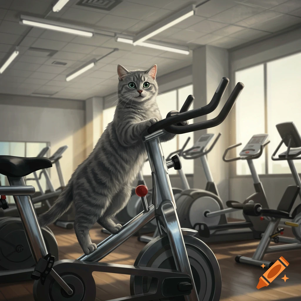 A photorealistic gray tabby cat stands on an exercise bike in a gym, looking directly at the viewer.