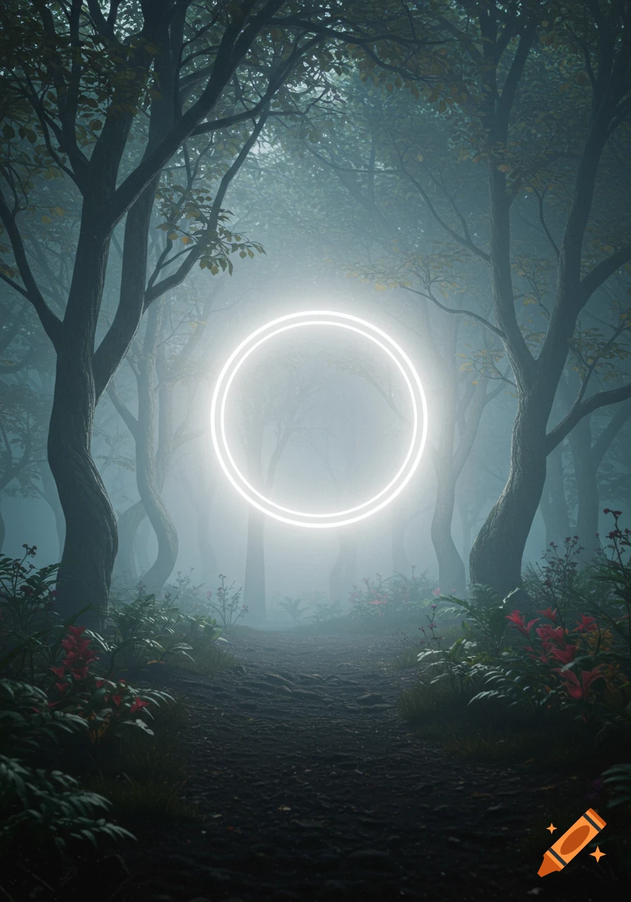 A glowing white double ring hovers in a dark, misty forest with gnarled trees and a dirt path leading through red and green foliage.