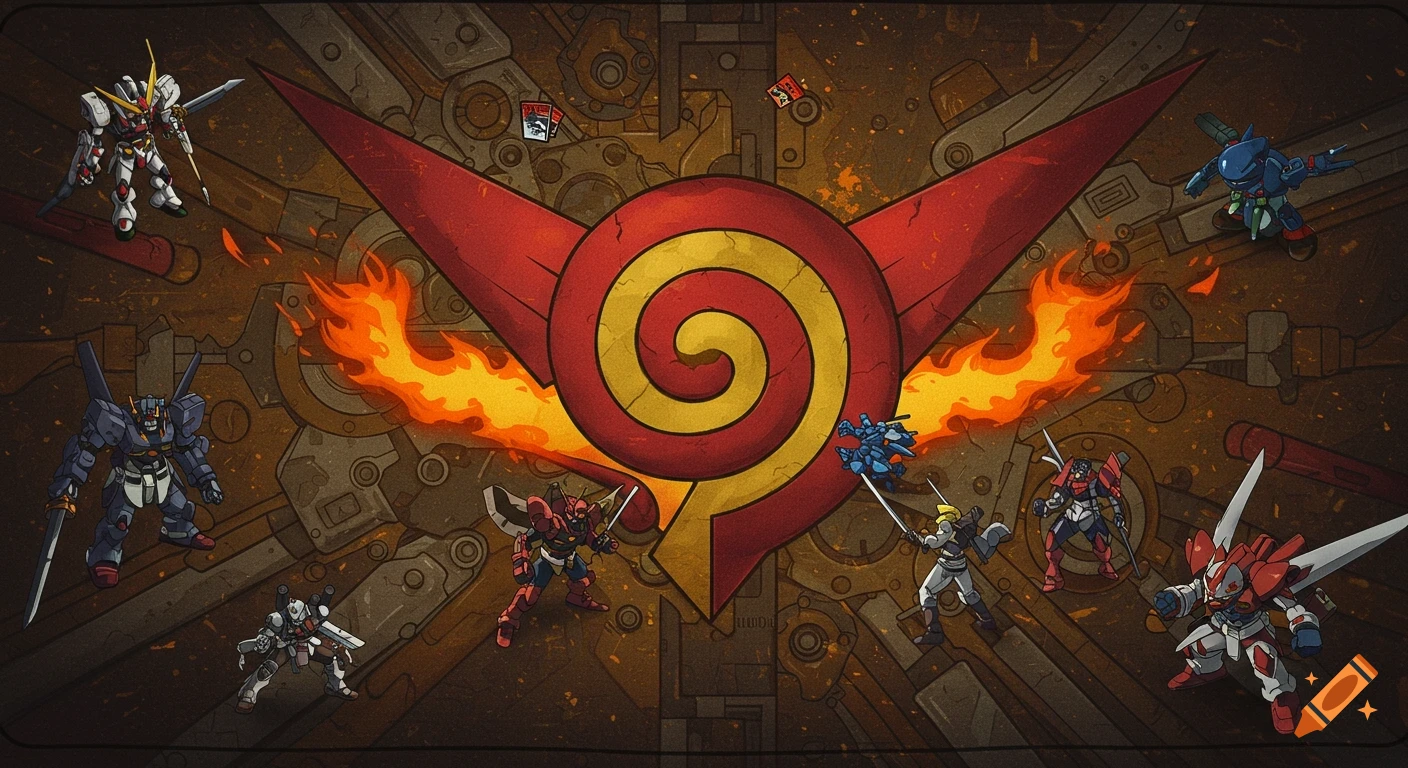 Anime-style playmat with multiple mechs around a fiery red and yellow spiral symbol on a mechanical background.