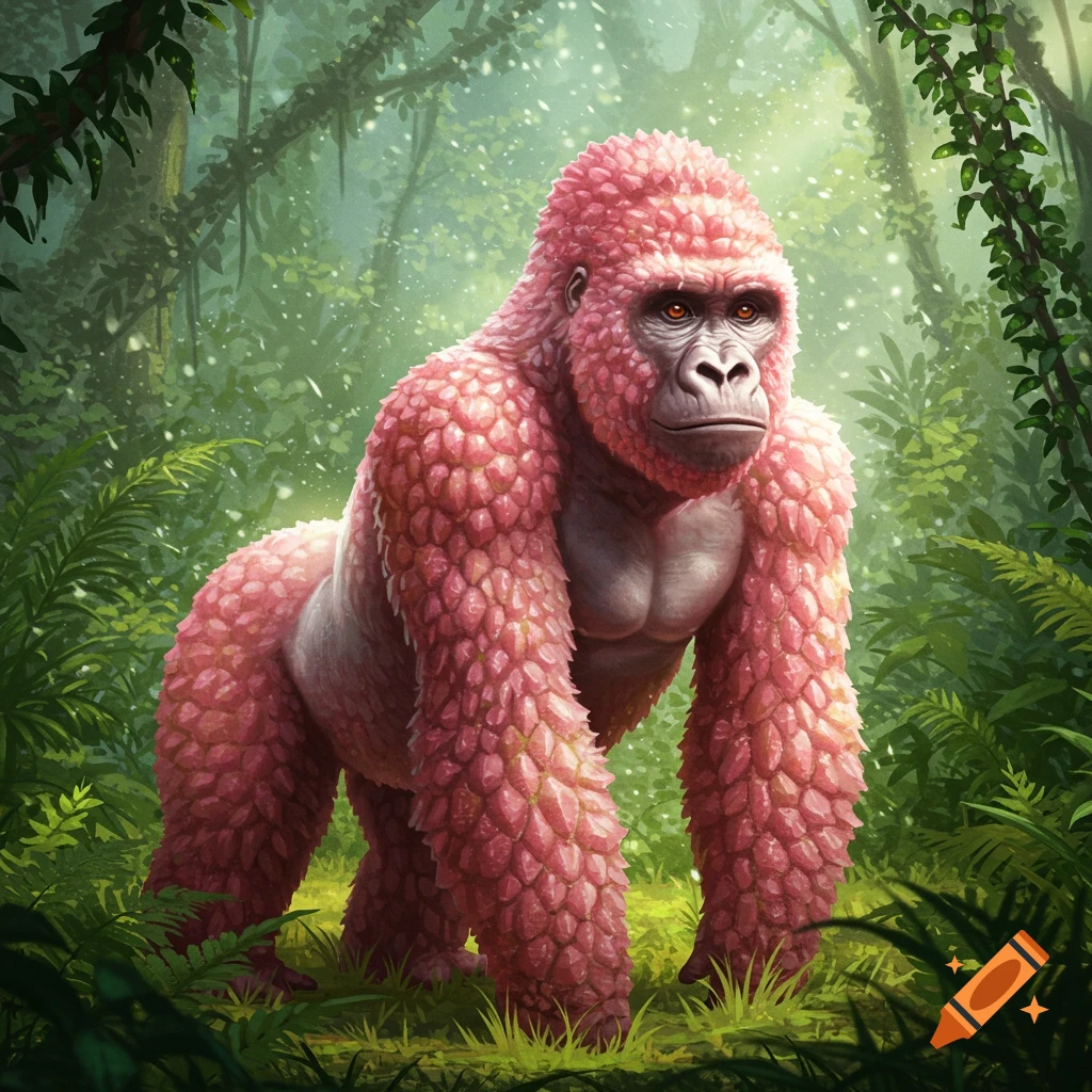 A pink gorilla-like creature with textured skin resembling a lychee fruit stands in a lush jungle.