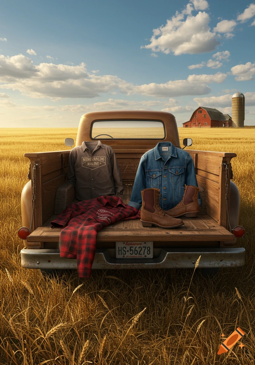 An old pickup truck in a golden wheat field, tailgate down, holding a brown work shirt, denim jacket, plaid shirt, and work boots. A red barn and silo are in the background under a blue sky.