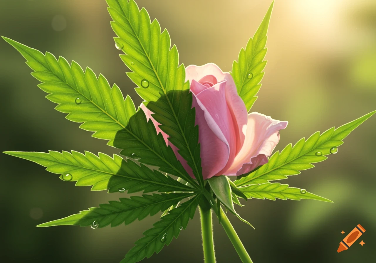 A close-up of a vibrant green cannabis leaf with water droplets, partially covering a soft pink rose bud, with a bokeh background.