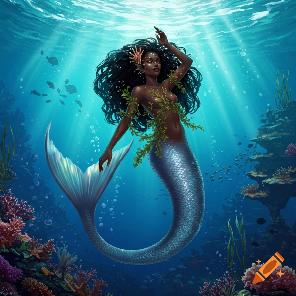 A dark-skinned mermaid with long wavy black hair and a shimmering silver tail swims gracefully in a vibrant blue ocean, surrounded by coral and sunlight.