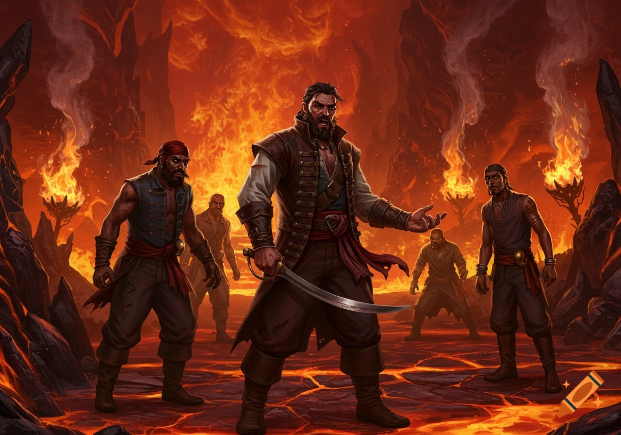 A group of fierce pirates, one with a cutlass, stands defiantly in a fiery, molten hellscape, digital painting.