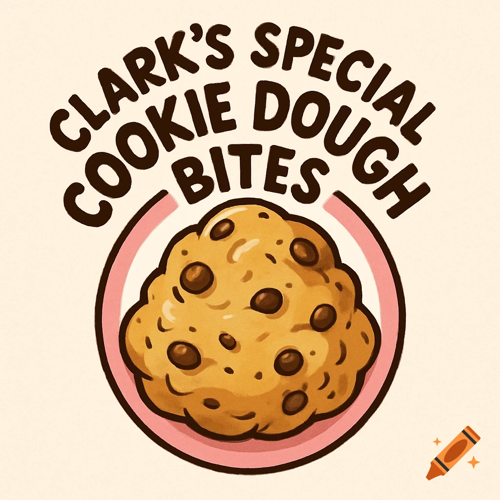 Cartoon logo of chocolate chip cookie dough in a pink ring with 'Clark's Special Cookie Dough Bites' text.