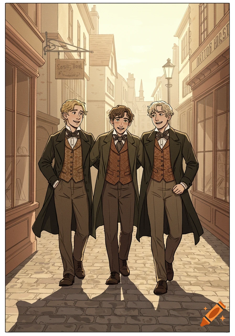 Three young men in 1870s attire walk down a cobblestone street lined with old buildings, illustrated in a comic style.