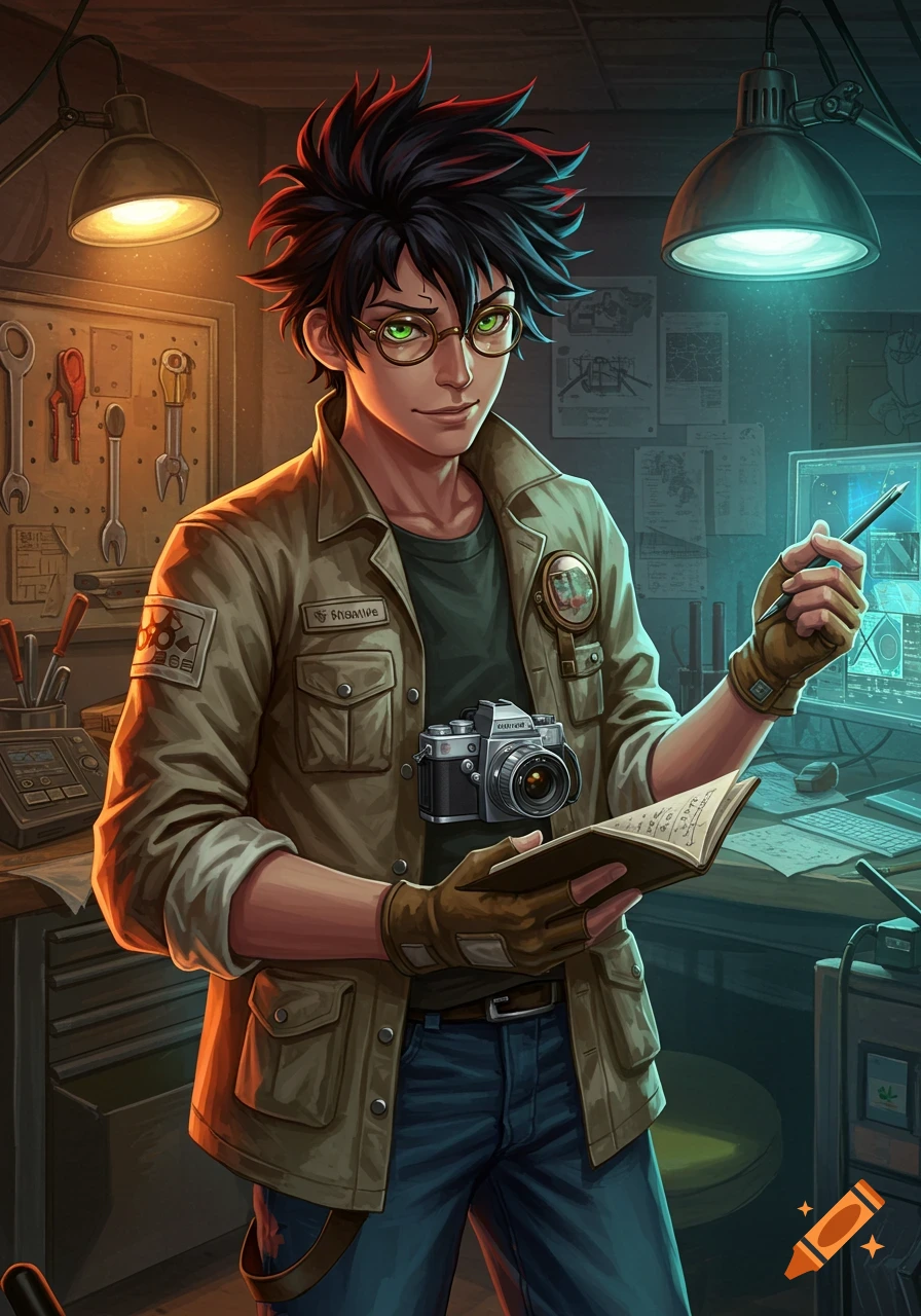 Anime-style young male inventor with spiky black hair, green eyes, glasses, holding a notebook and pencil in a workshop.