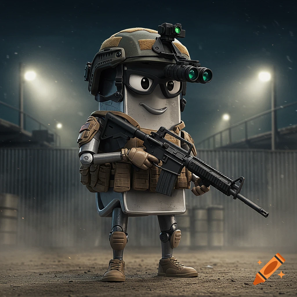 A stylized paperclip character in military fatigues, helmet with night vision goggles, holding an M4 rifle at night.