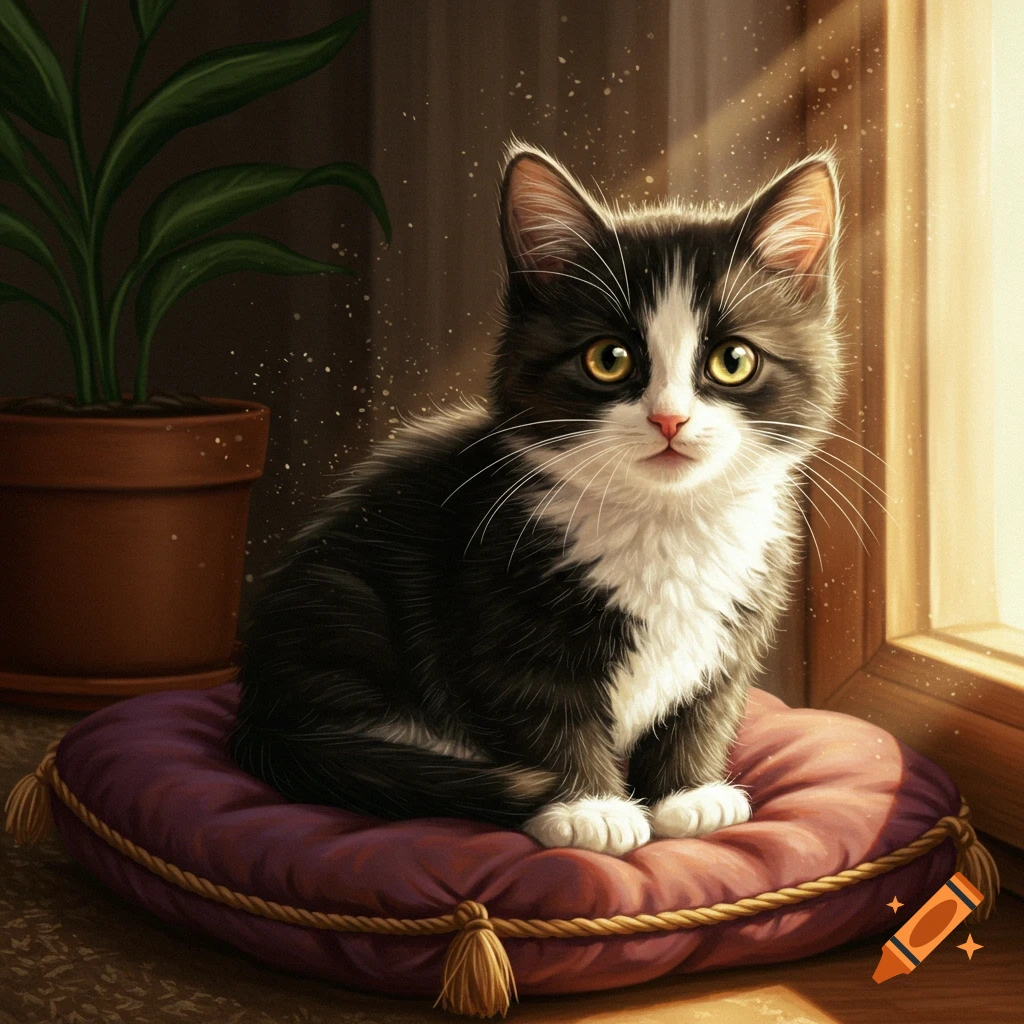 A cute black and white tuxedo kitten with golden eyes sits on a purple cushion in a sunlit room next to a window, a potted plant in the background.