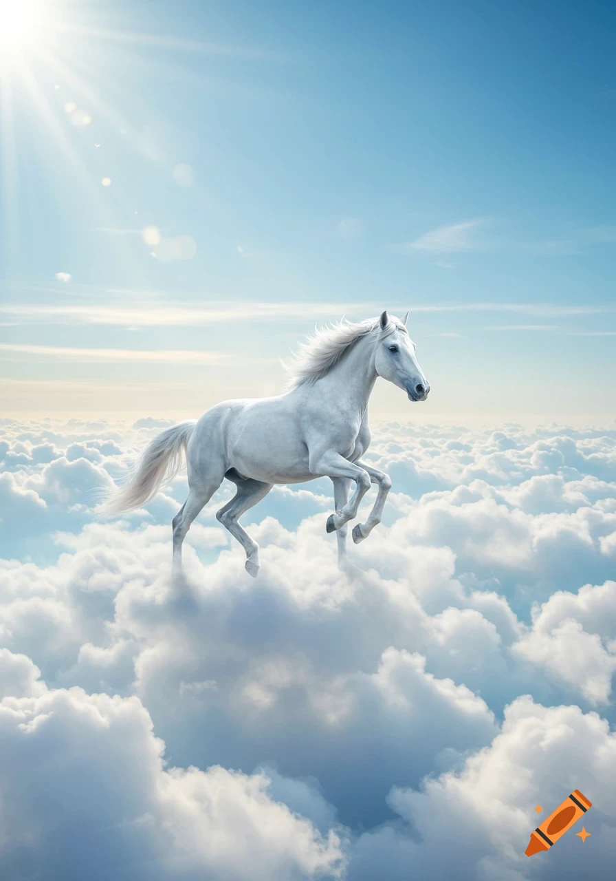 A photorealistic white horse gallops through fluffy white clouds in a bright blue sky, with sunbeams.