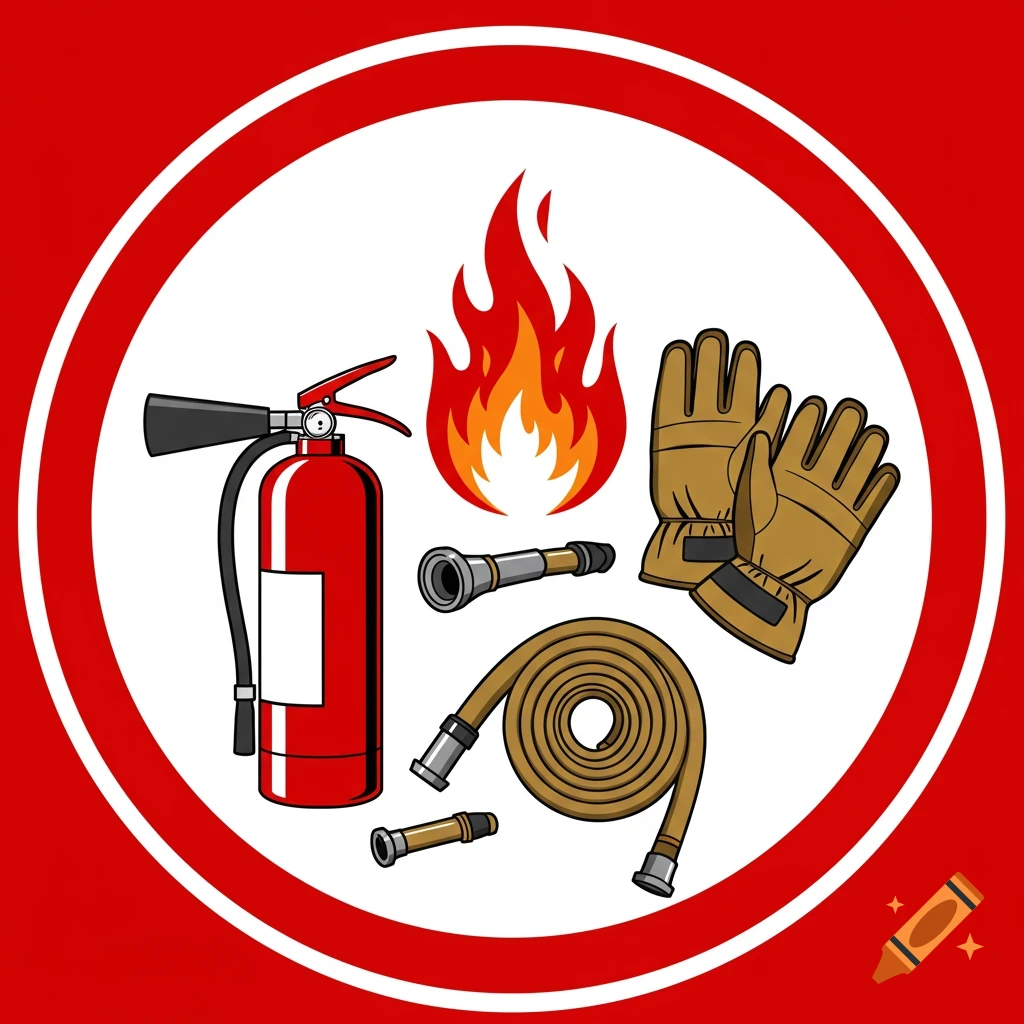 Illustration of fire safety equipment including a fire extinguisher, fire hose, nozzle, gloves, and flames within a circular red and white emblem.