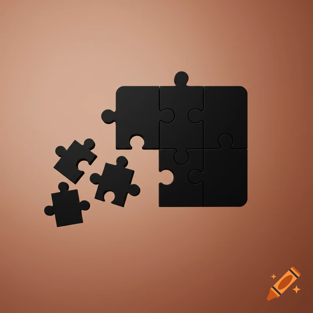 Black puzzle pieces, some connected on the right, some loose on the left, on a minimalist copper background.
