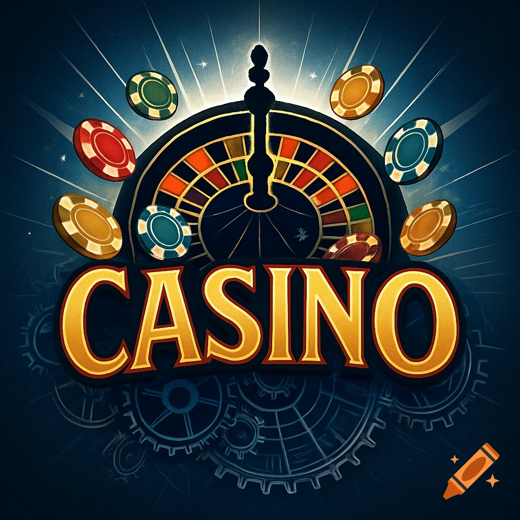 A casino logo with 'CASINO' in gold, a roulette wheel, and poker chips on a dark blue background with gear outlines.