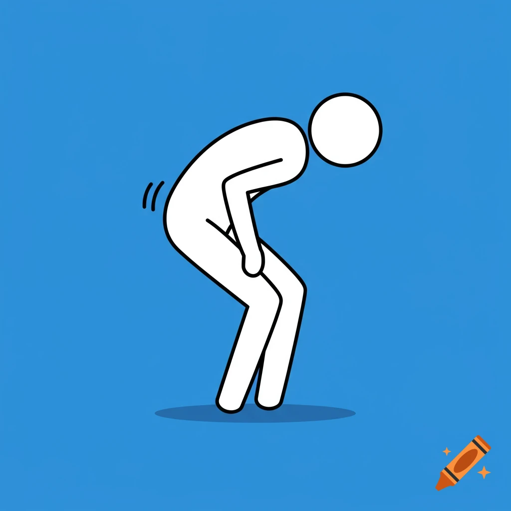 A white stick figure bent over, clutching their back and knees in pain, on a blue background.