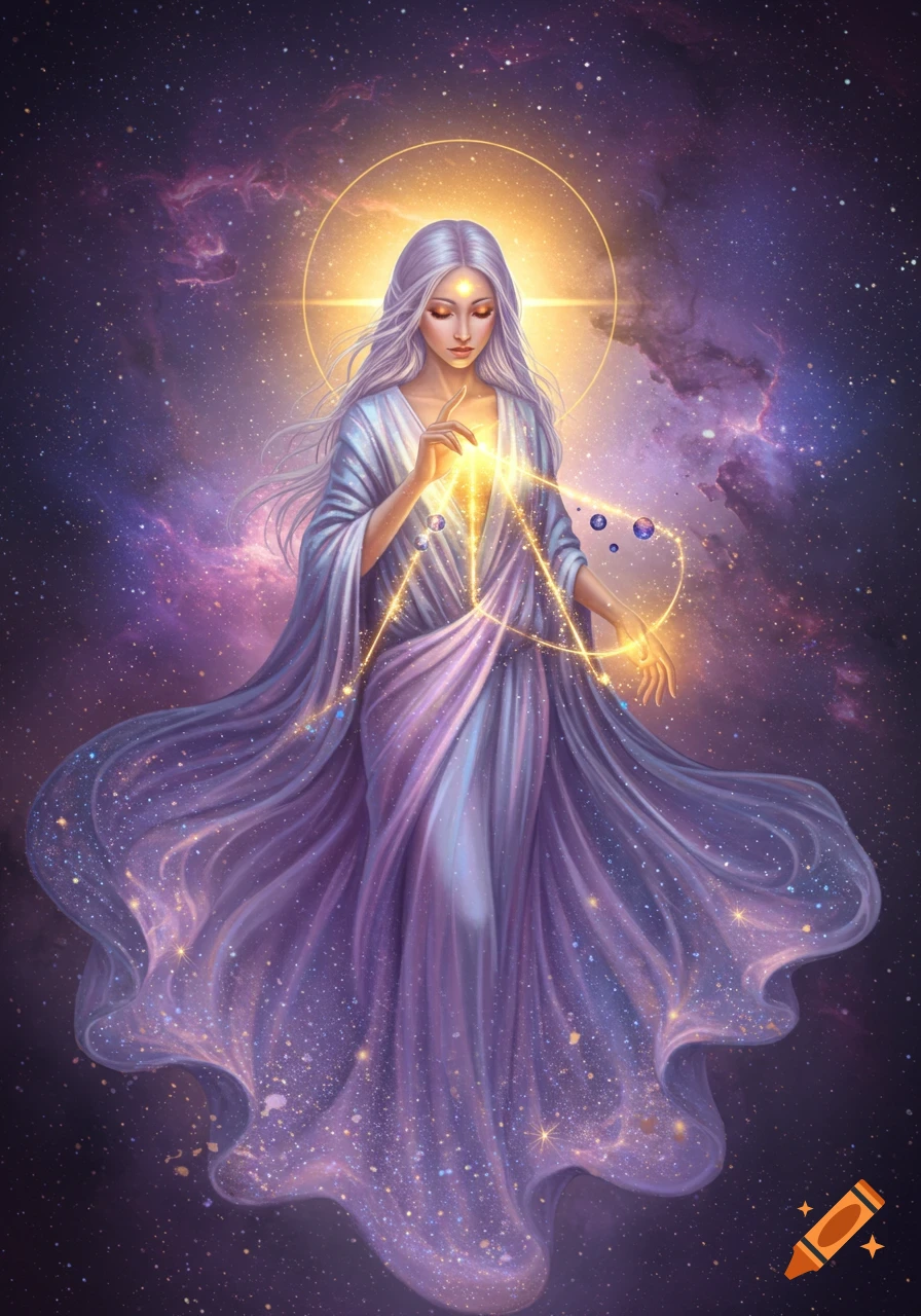 Ethereal woman with long silver hair in flowing robes, emanating golden light and holding cosmic energy against a vibrant nebula background.