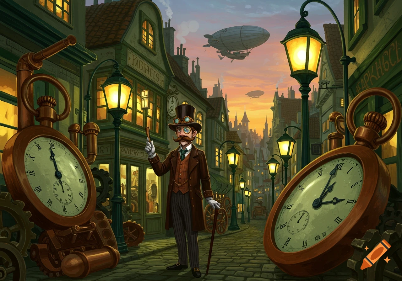 Steampunk illustration of a dandy man on a cobbled street at sunset, with giant pocket watches and dirigibles in the sky.