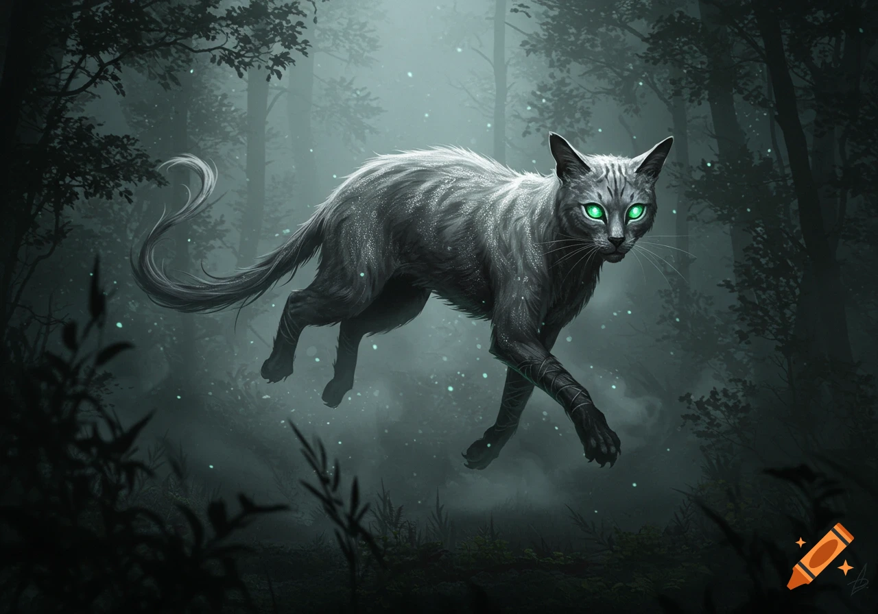 An ethereal silver cat with glowing green eyes floats through a misty, dark forest at night.