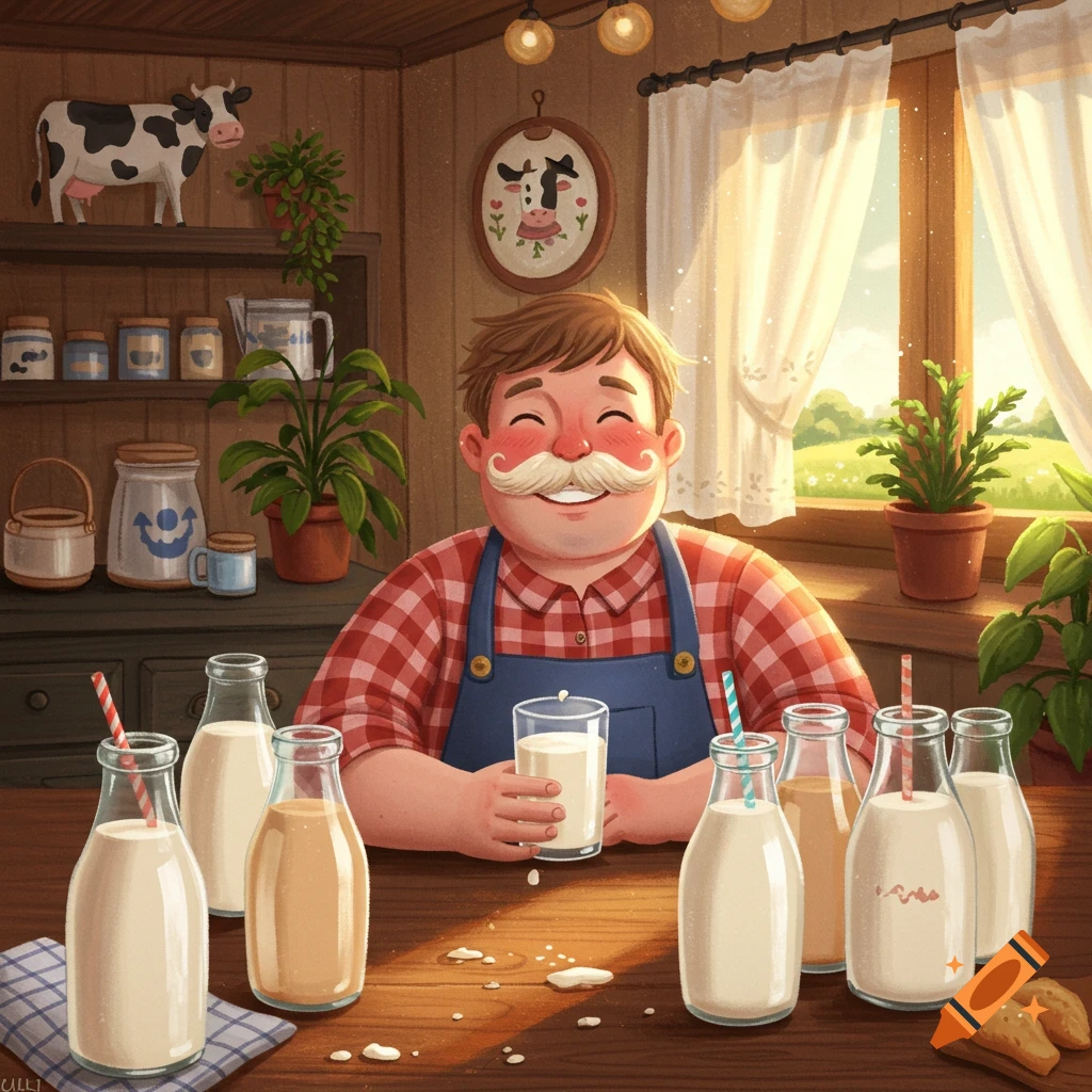 A cheerful, mustachioed man in a plaid shirt and apron holds a glass of milk at a wooden table covered with milk bottles in a cozy, rustic room.