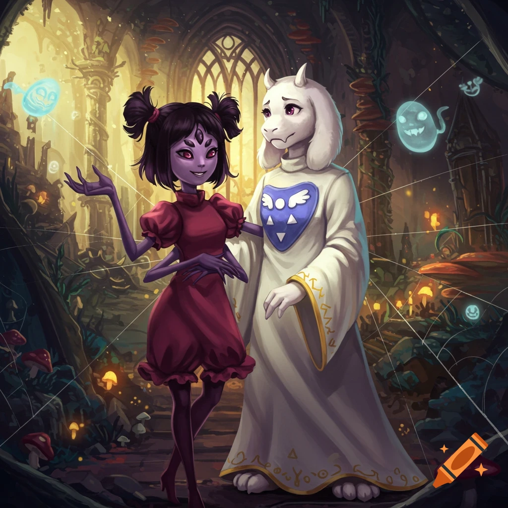 Purple spider-girl Muffet and white goat-monster Toriel from Undertale stand in an overgrown gothic ruin with glowing mushrooms and spiderwebs.