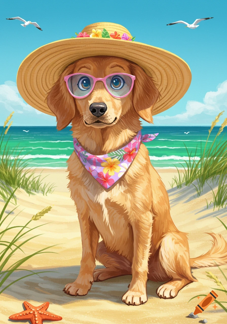 An illustration of a golden retriever wearing a straw hat, pink sunglasses, and a floral bandana, sitting on a sandy beach.