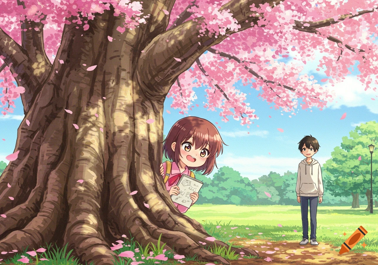 An anime girl peeks shyly from behind a large cherry blossom tree at an anime boy in a park.
