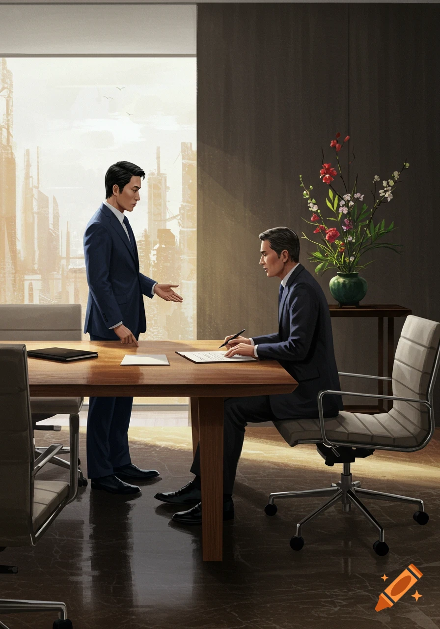 Two men in suits negotiate in an office; one stands gesturing, the other sits writing at a table with city views outside.
