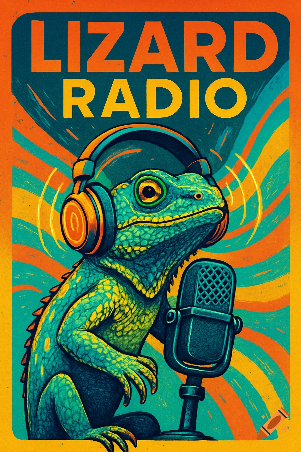 Vibrant poster art of a green and yellow lizard wearing orange headphones and speaking into a microphone with 'LIZARD RADIO' text.