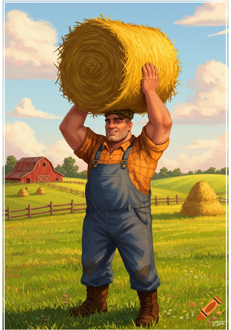 A strong, smiling farmer in overalls carries a large hay bale over his head in a green field with a red barn.