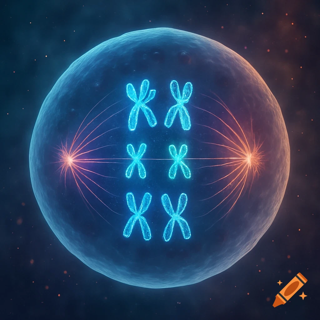 A glowing blue cell with multiple X-shaped chromosomes inside, illuminated by orange spindle fibers representing mitosis.