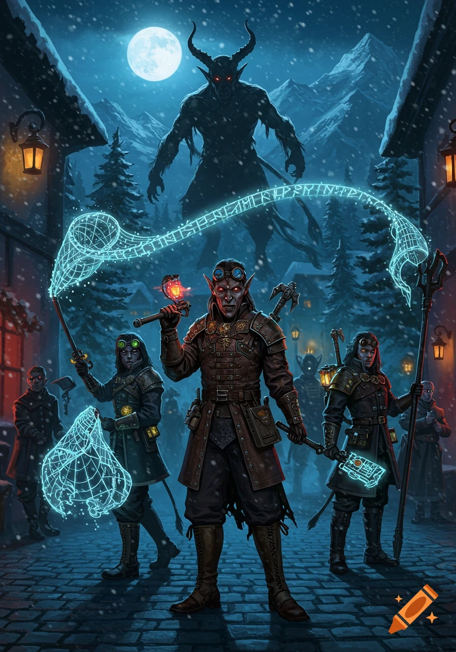 A group of dark-skinned, elf-like figures with glowing red eyes stand in a snowy village, facing a large, horned Krampus-like creature under a full moon. Glowing blue runes arc above them.