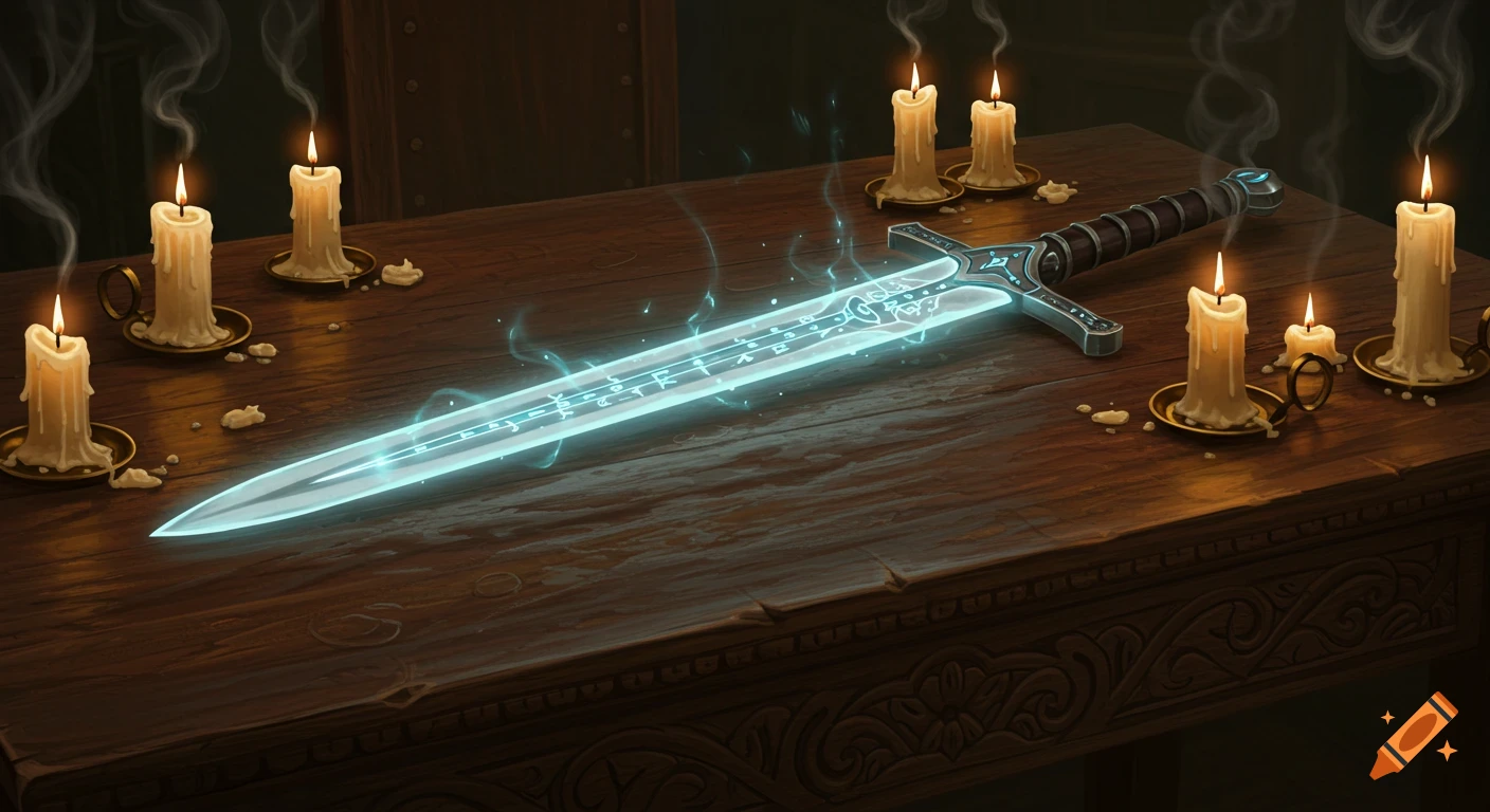 A glowing magical sword with runes on its blade rests on a carved wooden table surrounded by lit candles, in a fantasy art style.