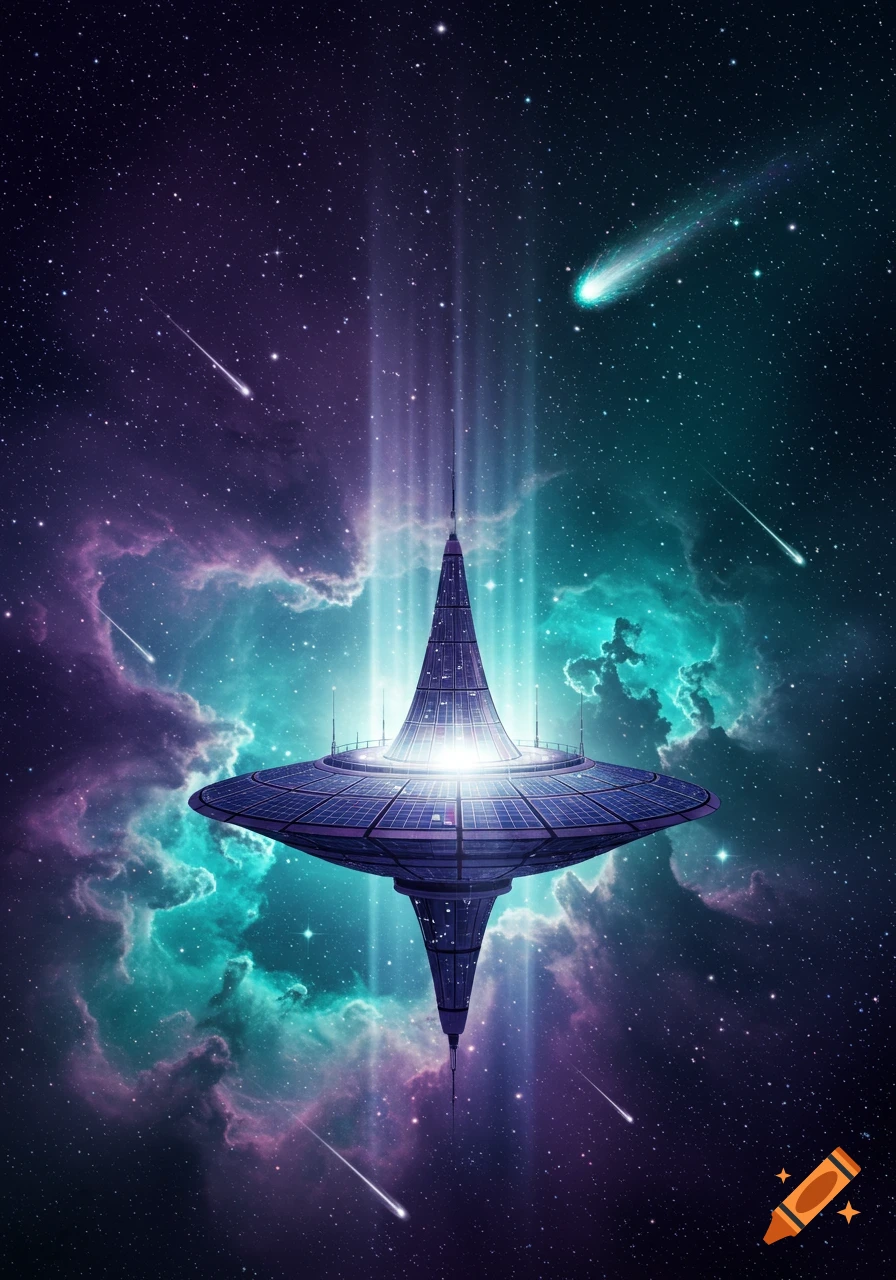 A futuristic, cone-shaped space station with a wide solar panel array, emitting light in a vibrant nebula-filled cosmos with shooting stars.