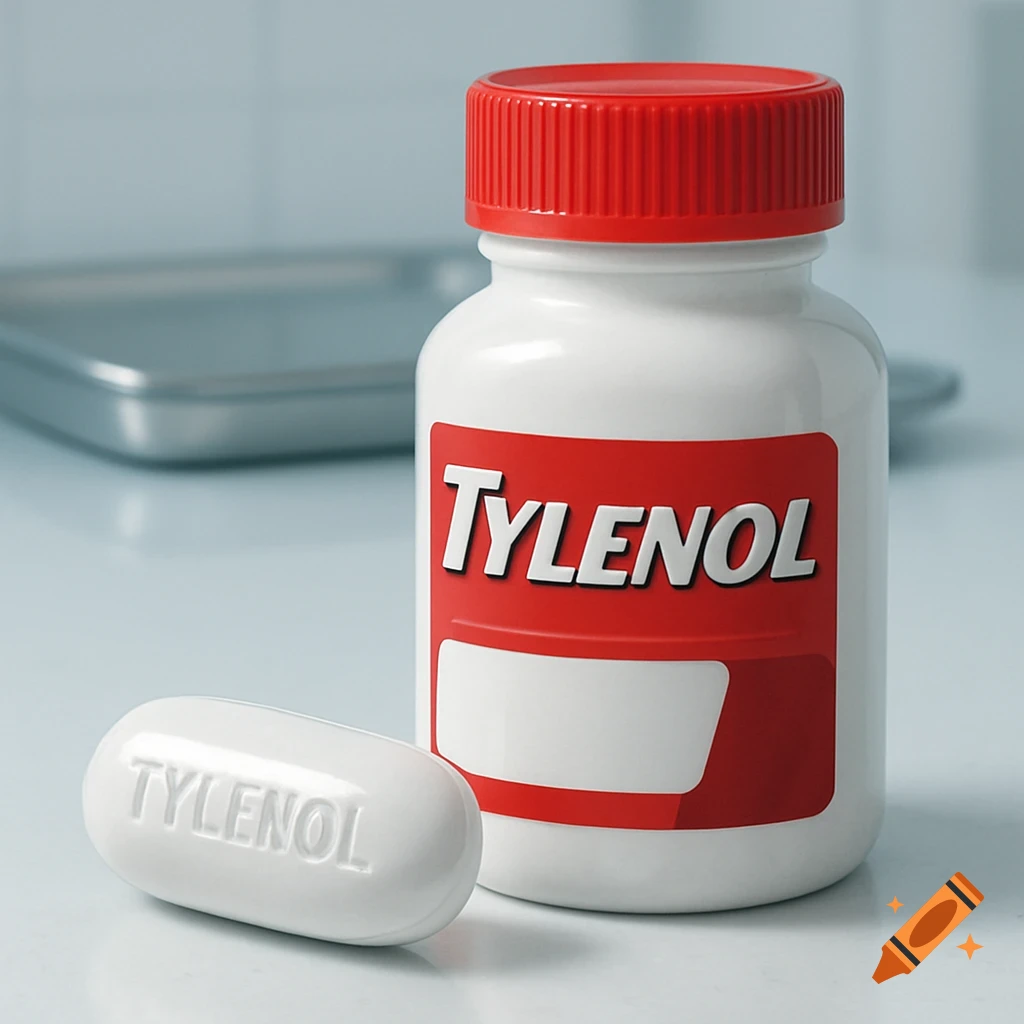 A photorealistic close-up of a white Tylenol bottle with a red cap and a single white Tylenol pill.